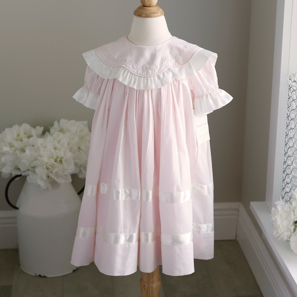Strasburg Dress Heirloom Cotton Pink With White Satin Trim Special Occasion NWT